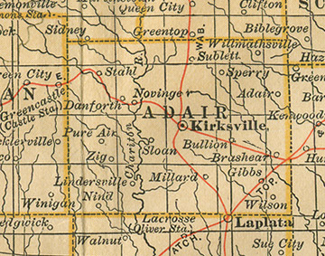 Early map of Adair County, Missouri with Kirksville, Novinger, Brashear, Millard, Gibbs, Shibleys Point, Willmathsville, Danforth, Pure Air, Bullion, Nind, Sperry, Sublett