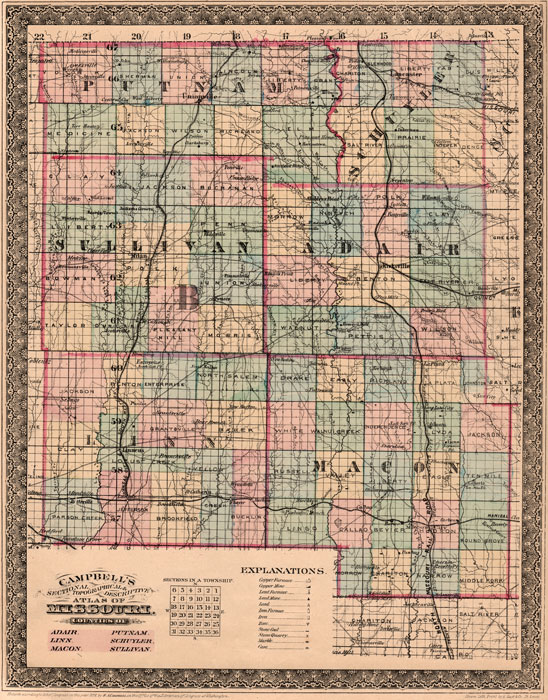 Adair County, Linn County, Macon County, Putnam County, Schuyler County and Sullivan County, Missouri 1872 Campbells Atlas Historic Map reprint