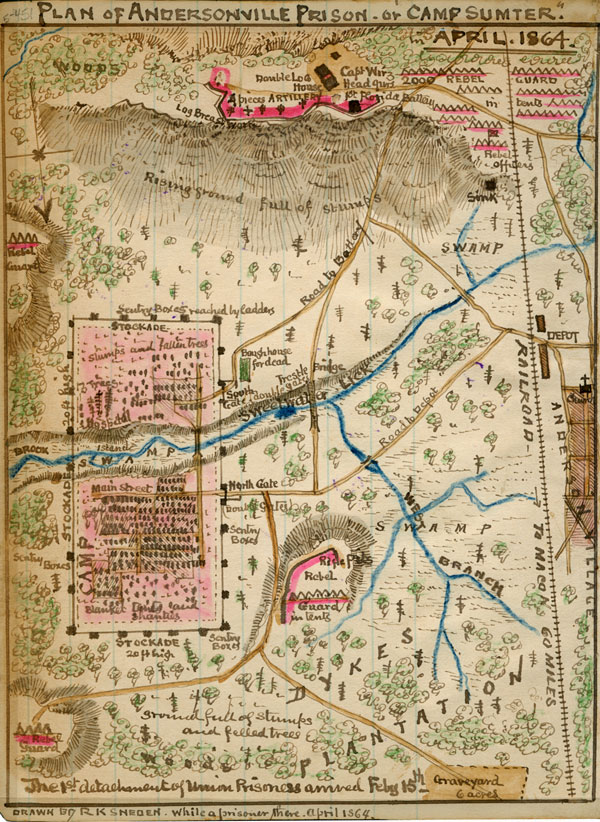 Andersonville Prison or Camp Sumter, April 1864, by R. K. Sneden, Historic Map Reprint, Civil War