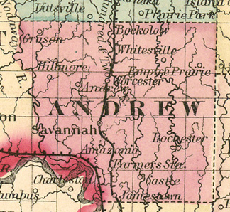 Early map of Andrew County, Missouri with Savannah, Rosendale, Bolckow, Fillmore, Amazonia, Rea, Cosby, Helena, Flag Springs, Whitesville