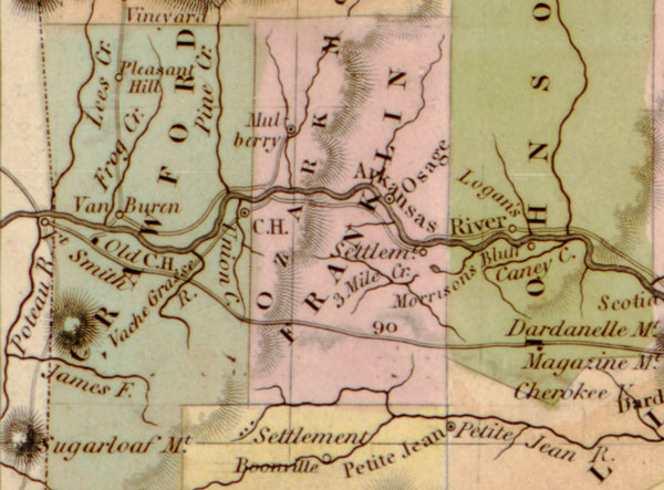 Arkansas State 1844 Historic Map by Tanner, detail