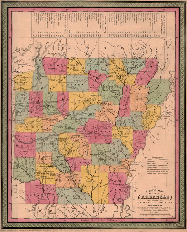 Arkansas State 1850 Historic Map by Thomas, Cowperthwait, Reprint