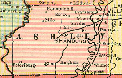 Early map of Ashley County, Arkansas including Hamburg,  Crossett, Fountain Hill, Montrose, Portland, Parkdale, Wilmot