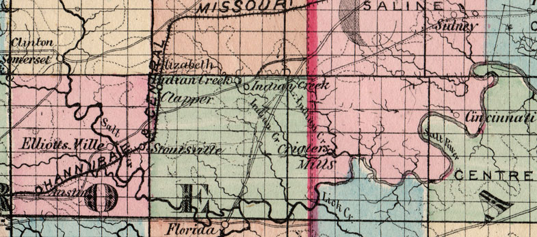 Detail of Audrain County, Monroe County, Pike County and Ralls County, Missouri 1872 Campbells Atlas Historic Map reprint