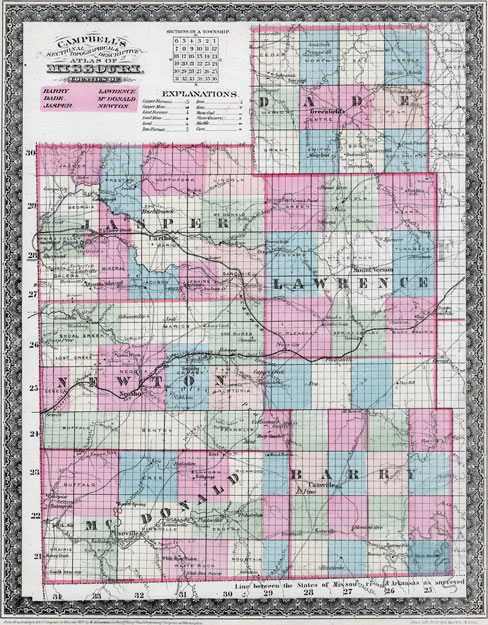 Barry, Dade, Jasper, Lawrence, McDonald and Newton Counties, Missouri Campbell's 1872 Historic Map Reprint
