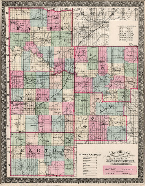 Barton, Bates, Cedar, St. Clair and Vernon Counties, Missouri Campbell's 1872 Historic Map Reprint