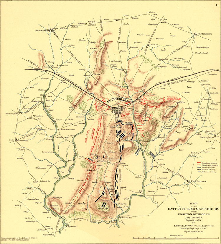 Map of the Battle of Gettysburg on July 2, 1863, to accompany the report of General Robert E. Lee.