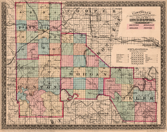 Benton County, Miller County, Morgan County and Pettis County, Missouri 1872 Campbells Atlas Historic Map reprint
