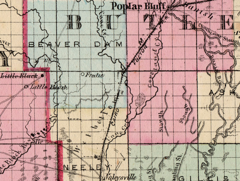 Detail of Butler County, Dunklin County, Pemiscot County, and Ripley County, Missouri 1872 Campbells Atlas Historic Map reprint