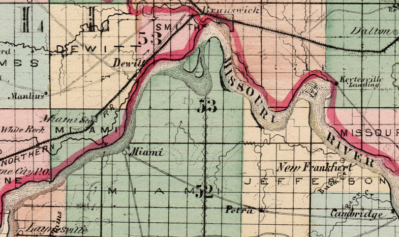 Detail of Carroll County, Chariton County, Livingston County, and Saline County, Missouri 1872 Campbells Atlas Historic Map reprint