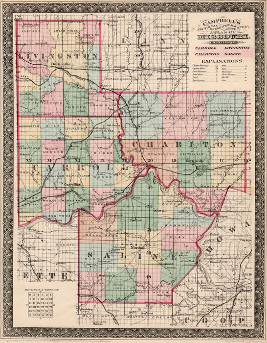 Carroll County, Chariton County, Livingston County, and Saline County, Missouri 1872 Campbells Atlas Historic Map reprint