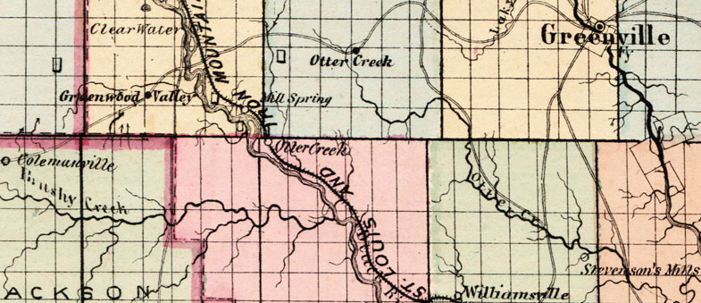 Detail of Carter County, Iron County, Madison County, Reynolds County and Wayne County, Missouri 1872 Campbells Atlas Historic Map reprint