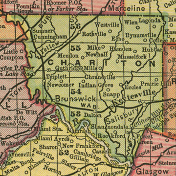Early map of Chariton County, Missouri including Keytesville, Salisbury, Brunswick, Triplett, Sumner, Cunningham, Dalton