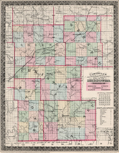 Christian, Greene, Stone, Taney and Webster Counties, Missouri Campbell's 1872 Historic Map Reprint
