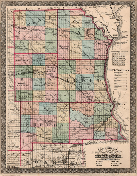 Clark County, Knox County, Lewis County, Marion County, Scotland County and Shelby County, Missouri 1872 Campbells Atlas Historic Map reprint