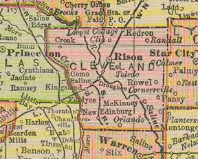 Early map of Cleveland County, Arkansas including Rison, New Edinburg, Kingsland, Annover, Calmer, Clio, Como, Croak, Draughon History Genealogy