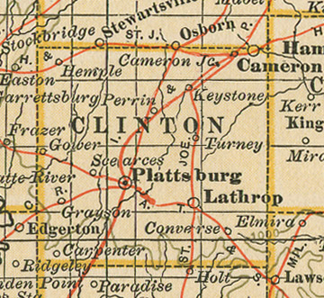 Early map of Clinton County, Missouri including Plattsburg, Cameron, Lathrop, Gower, Grayson, Hemple, Converse, MO 