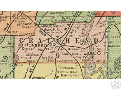 Early map of Craighead County, Arkansas including Jonesboro, Lake City, Nettleton, Dryden, Bay, Brookland, Bono