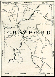 Early map of Crawford County, Missouri including Steelville, Cuba, Bourbon, Leasburg, Cherryville, Oak Hill, Wesco