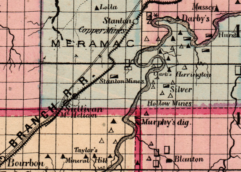 Detail of Crawford County, Franklin County, Gasconade County, and Washington County, Missouri 1872 Campbells Atlas Historic Map reprint