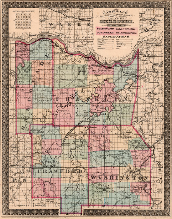 Crawford County, Franklin County, Gasconade County, and Washington County, Missouri 1872 Campbells Atlas Historic Map reprint