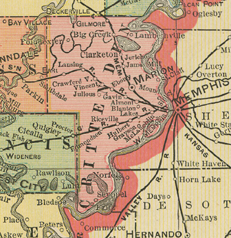 Early map of Crittenden County, Arkansas including Marion, Crawfordsville, Mound City, West Memphis, Earle 