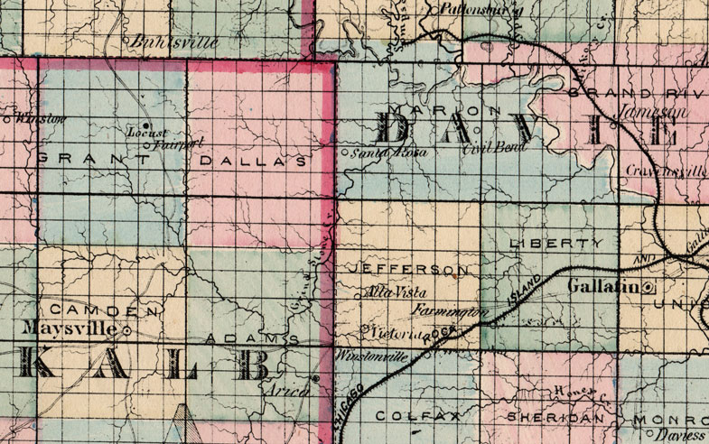 Detail of Daviess County, DeKalb County, Gentry County, Grundy County, Harrison County, Mercer County and Worth County, Missouri 1872 Campbells Atlas Historic Map reprint