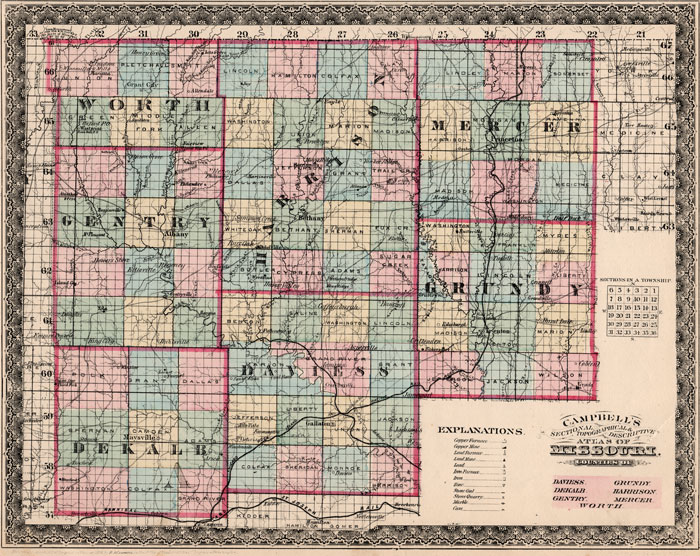 Daviess County, DeKalb County, Gentry County, Grundy County, Harrison County, Mercer County and Worth County, Missouri 1872 Campbells Atlas Historic Map reprint