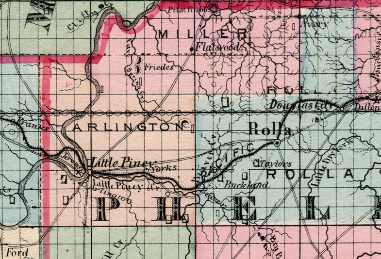 Detail of Dent County, Maries County, Phelps County and Pulaski County, Missouri 1872 Campbells Atlas Historic Map reprint