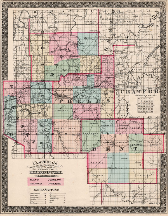 Dent County, Maries County, Phelps County and Pulaski County, Missouri 1872 Campbells Atlas Historic Map reprint