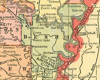 Early map of Desha County, Arkansas including Arkansas City, McGehee, Dumas, Halley, Reedville, Red Fork, History, Genealogy