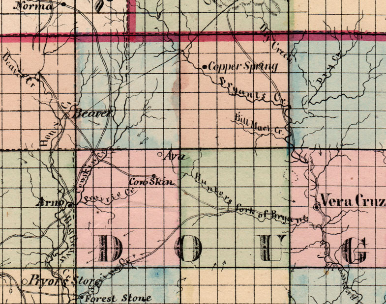 Detail of Douglas County, Ozark County, Texas County and Wright County, Missouri 1872 Campbells Atlas Historic Map reprint