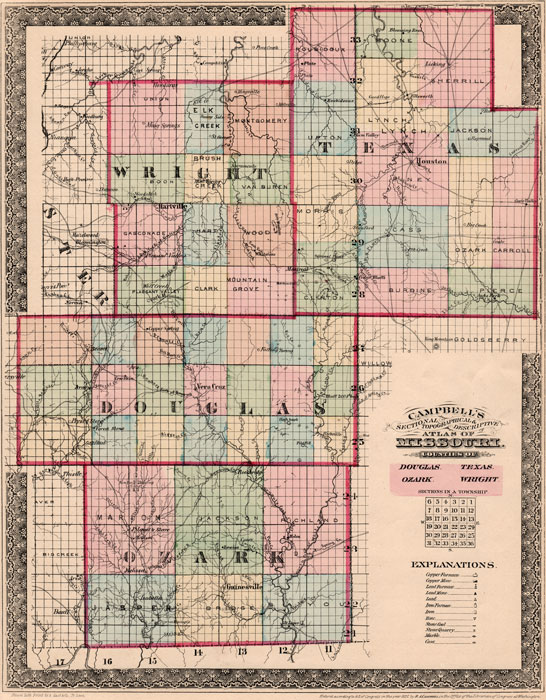 Douglas County, Ozark County, Texas County and Wright County, Missouri 1872 Campbells Atlas Historic Map reprint
