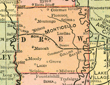 Early map of Drew County, Arkansas including Monticello, Wilmar, Winchester, Tillar, Collins, Montongo, Plantersville, Selma, Barkada
