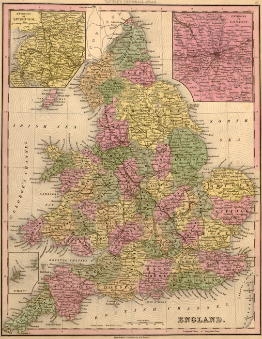 England 1844 Tanner Historic Map, reprint