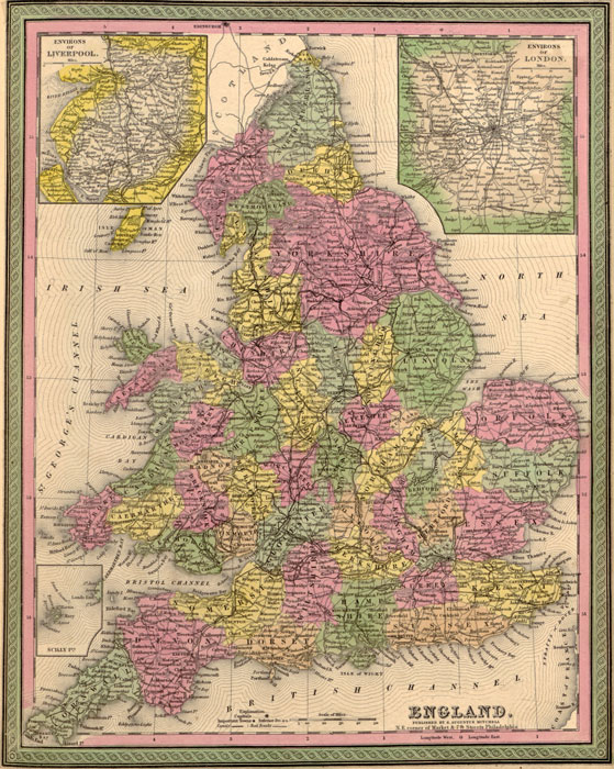 England 1849 Mitchell Historic Map, reprint