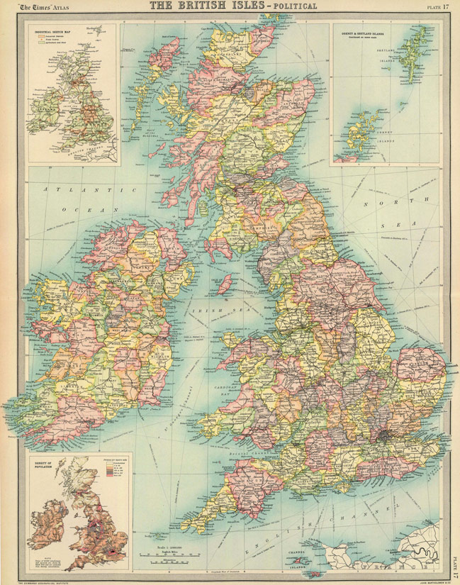 England, Scotland and Ireland 1922 Historic Map by John Bartholomew & Co.