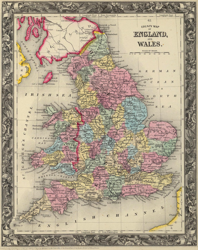 England and Wales 1860 Historic Map by S. Augustus Mitchell