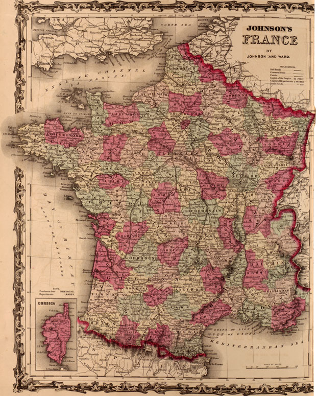 France 1862 Johnson and Ward Historic Map, reprint