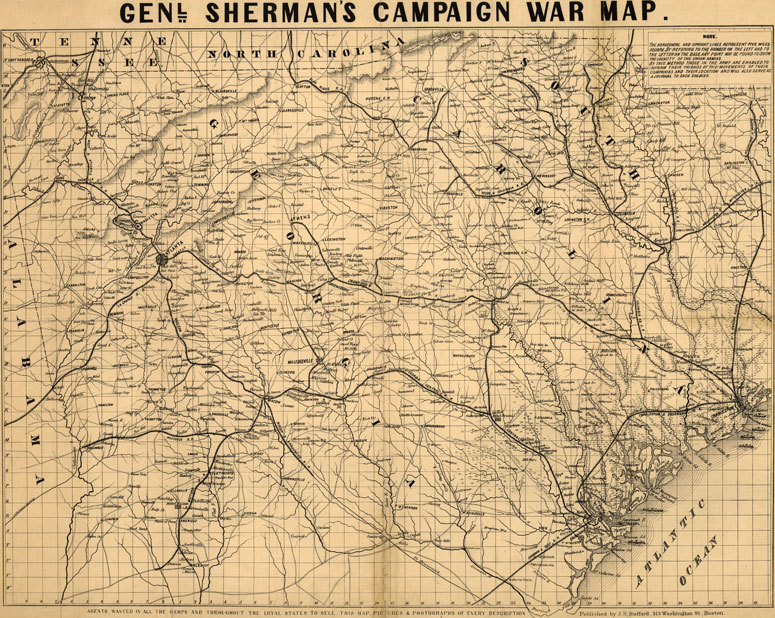 General Sherman's 1864 Campaign War Map of Georgia and South Carolina by Bufford Historic Map reprint