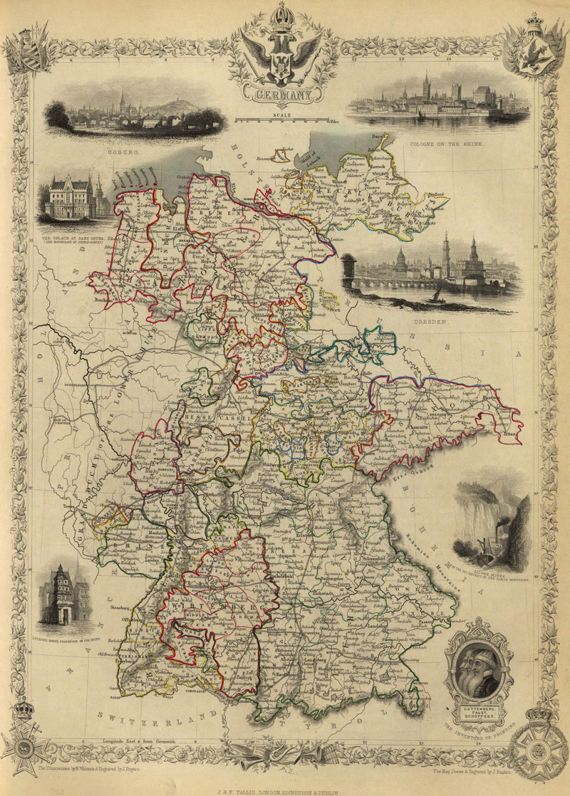 Germany 1851 Historic Map by Rapkin - Tallis