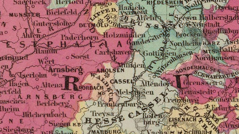 Detail of Germany 1860 Historic Map by Johnson & Browning