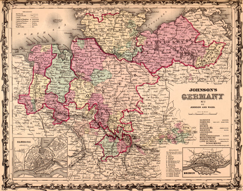 Germany Northern 1862 Johnson and Ward Historic Map reprint
