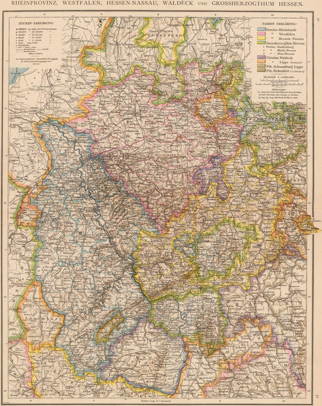 Germany Rhine, Westphalia, Hesse-Nassau, Waldeck and Hesse 1881 Historic Map by Andree