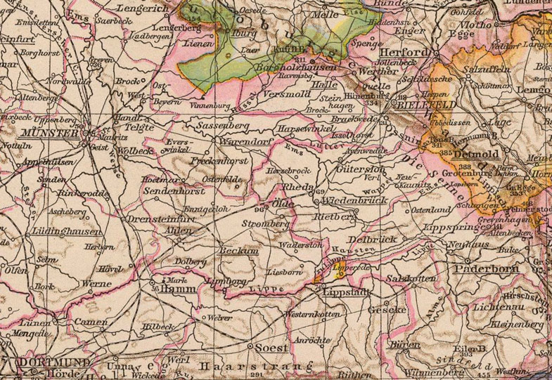 Detail of Germany Rhine, Westphalia, Hesse-Nassau, Waldeck and Hesse 1881 Historic Map by Andree