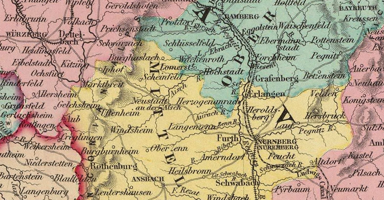 Detail of Germany - South 1856 Historic Map by Colton