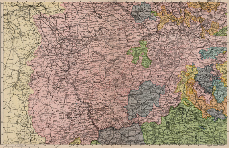 West Central Germany 1905 Historic Map by Bacon's Geographical Establishment
