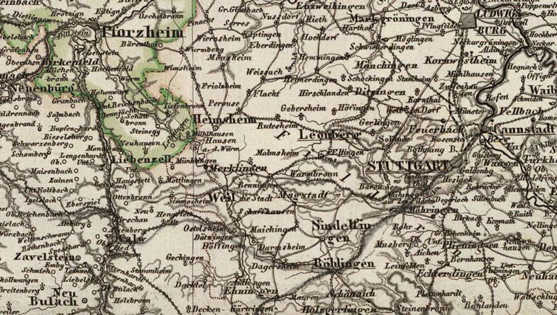 Detail of Germany Wurttemberg Baden 1856 Historic Map by C. F. Weiland
