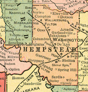 Early map of Hempstead County, Arkansas including Washington, Hope, Ozan, Columbus, Spring Hill, Sprudel, AR 