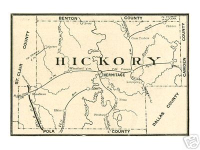 Early map of Hickory County, Missouri including Hermitage, Weaubleau, Wheatland, Cross Timbers, Nemo, Preston, Urbana